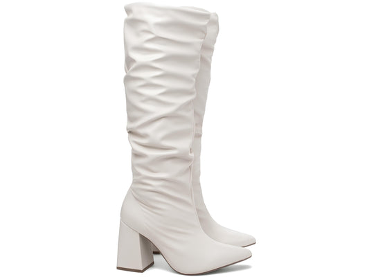 Bota Bico Fino - Cano Alto Franzida Off White